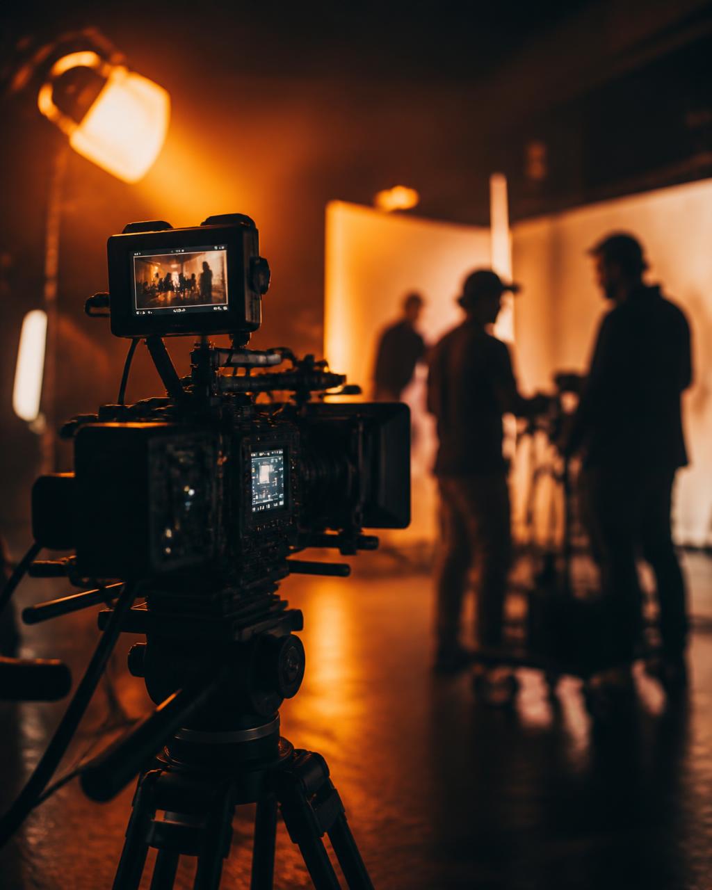 Film crew silhouetted behind a cinema camera on set